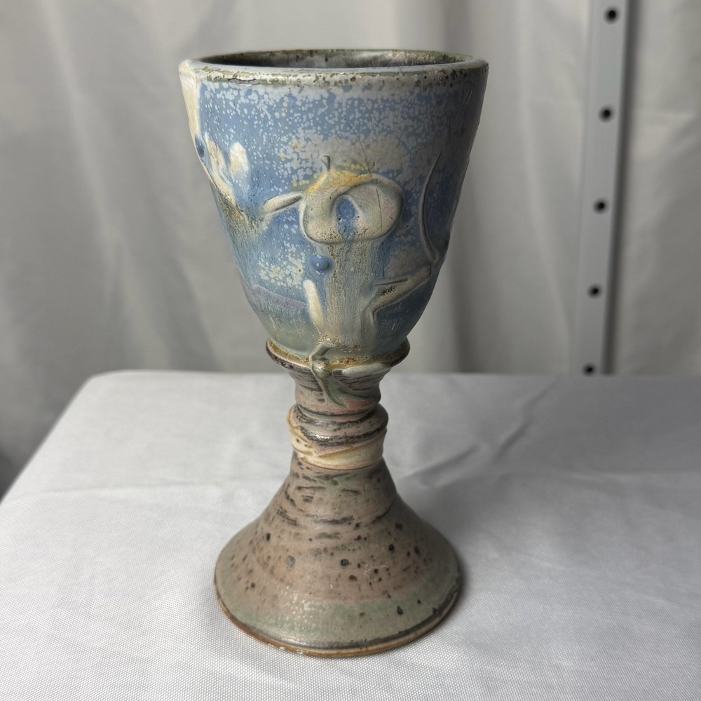 VTG Studio Art Pottery Goblet Crystalline Glaze Slip Trailed Relief Altar Decor